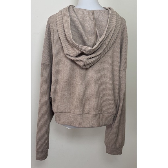ALO Yoga Muse Cropped Hoodie Long Sleeve Ribbed Pullover Large Gravel Heather - Picture 3 of 6